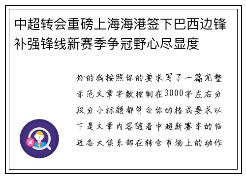中超转会重磅上海海港签下巴西边锋补强锋线新赛季争冠野心尽显度