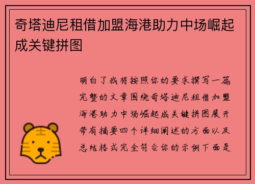 奇塔迪尼租借加盟海港助力中场崛起成关键拼图 奇塔迪尼租借加盟海港助力中场崛起成关键拼图